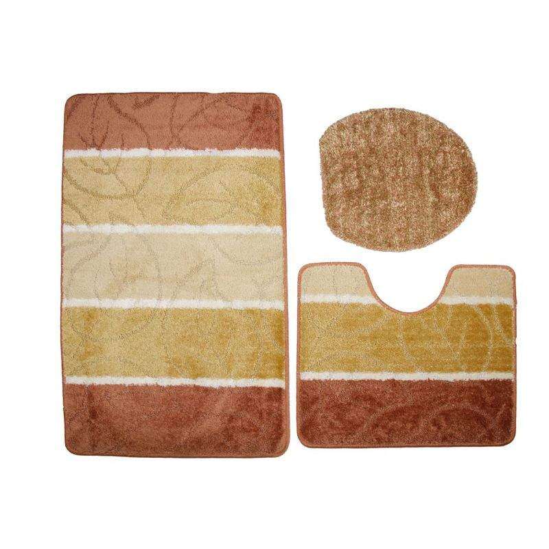 60x100cm 3 Piece Turkish Striped Toilet Mat & Cover Set with Non-Slip Under - Orange