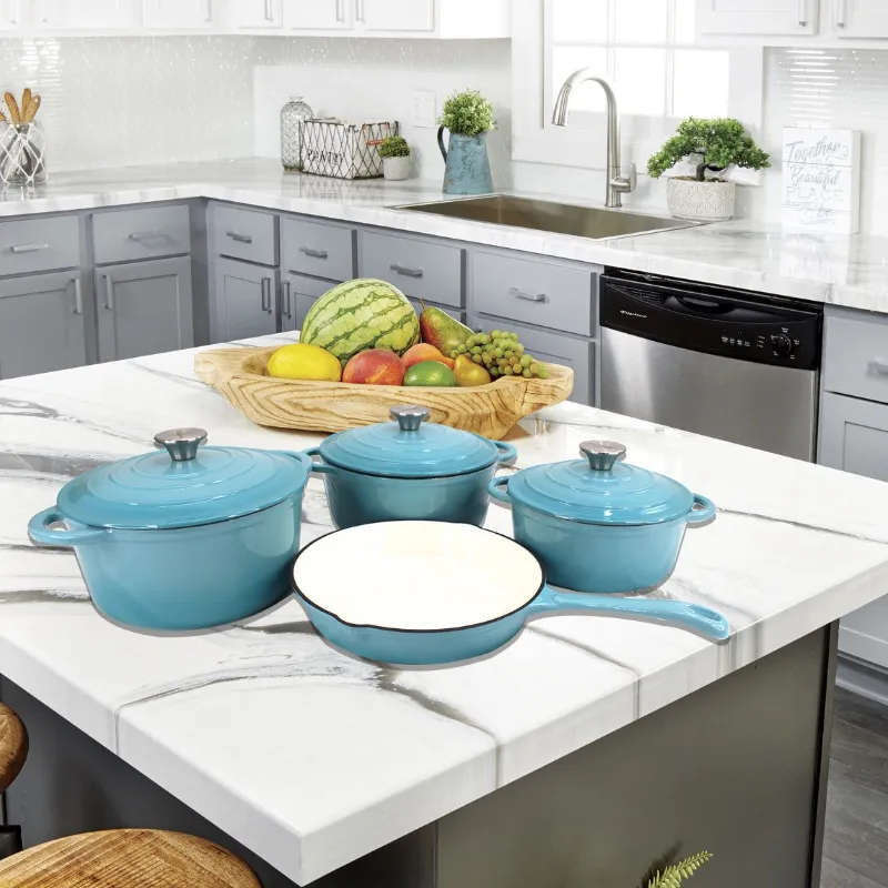 7 Piece Authentic Cast Iron Dutch Oven Cookware Pot Set - Sky Blue