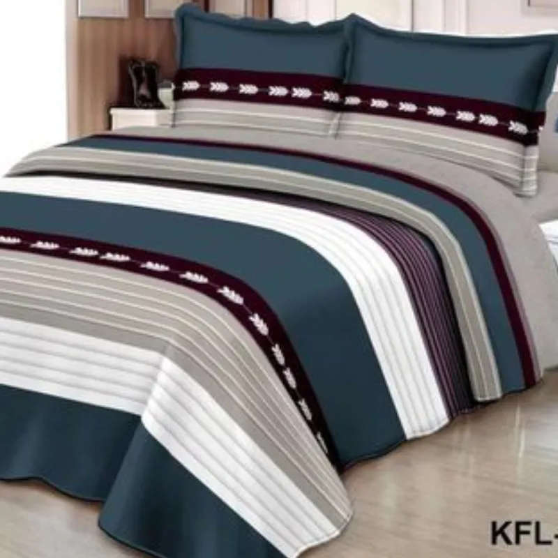 Bedspread Set Queen 5 Piece Microfiber Blue & Grey Line