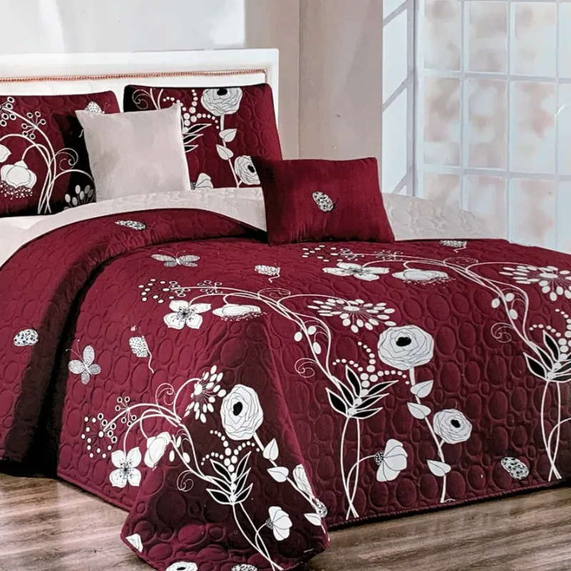 Bedspread Set Queen 5 Piece Microfiber Maroon White Garden