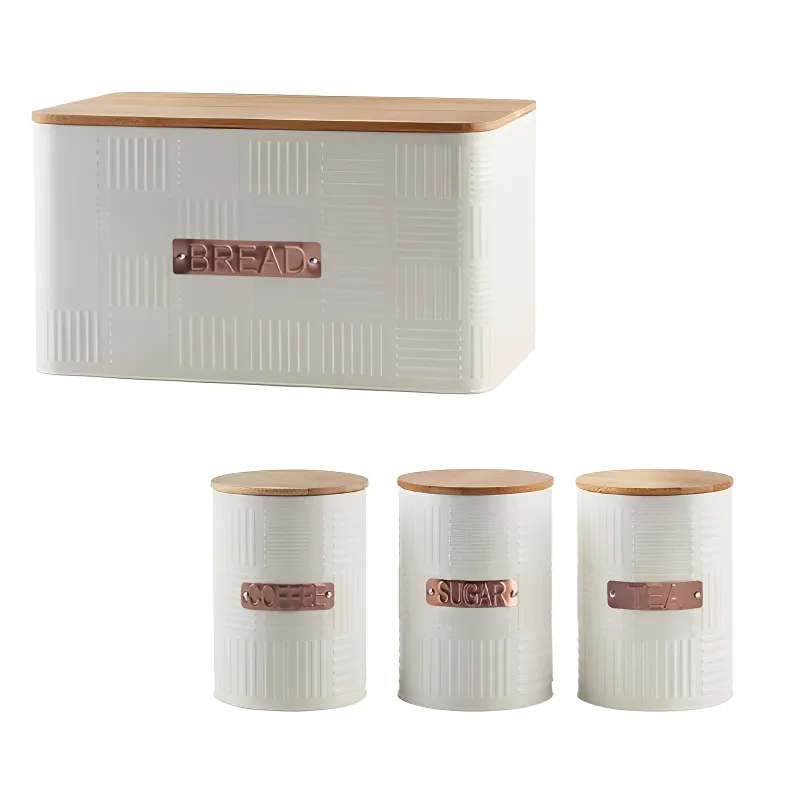 Breadbin Steel Design with Bamboo Lid with 3 Piece Canister Set - Cream