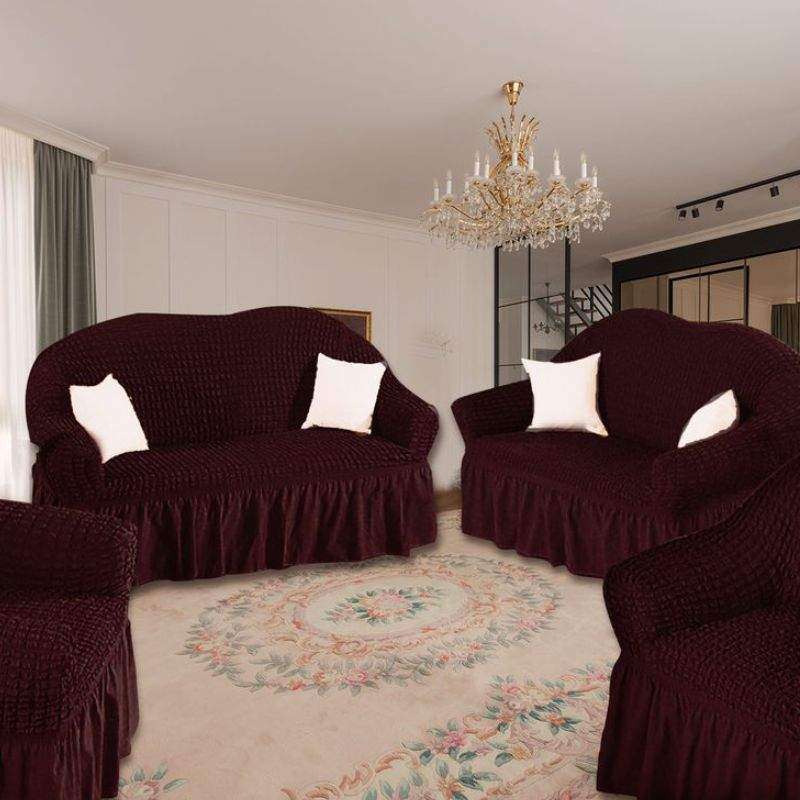 Decadent Ruffled 4 Piece Sofa & Couch Slipcover Set -2 + 2 + 1 + 1 Maroon