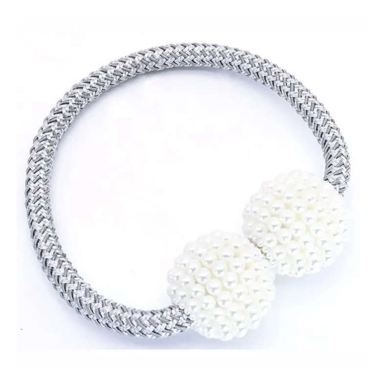 Magnetic Curtain Rope Tieback with Pearl Design End - Grey - Qty 2