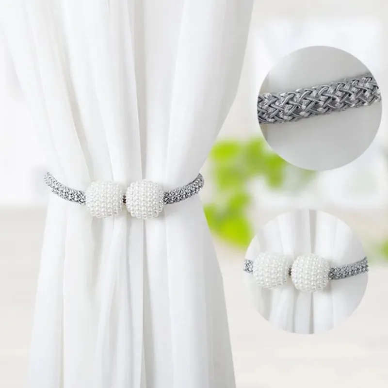 Magnetic Curtain Rope Tieback with Pearl Design End - Grey - Qty 2