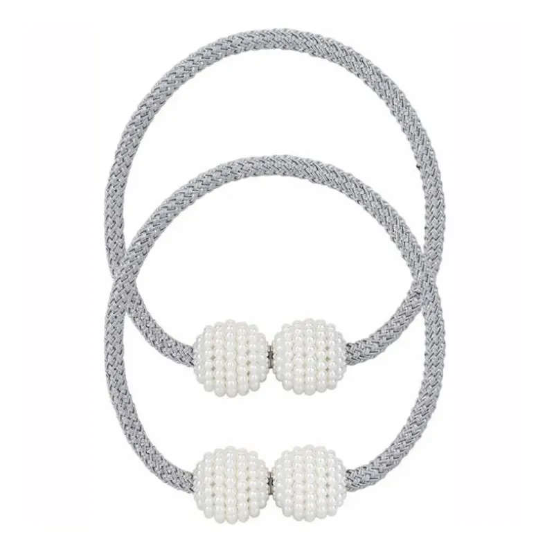 Magnetic Curtain Rope Tieback with Pearl Design End - Grey - Qty 2