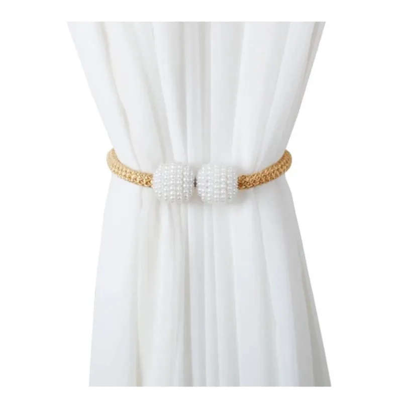 Magnetic Curtain Rope Tieback with Pearl End - Beige - Qty 2
