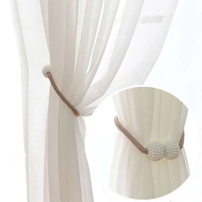 Magnetic Curtain Rope Tieback with Pearl End - Beige - Qty 2