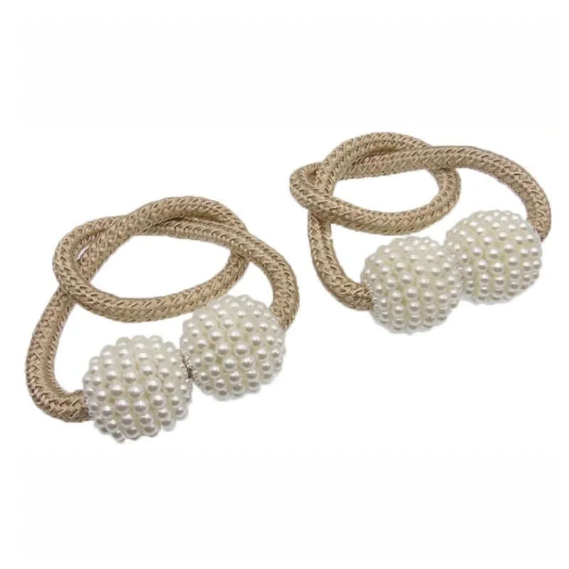 Magnetic Curtain Rope Tieback with Pearl End - Beige - Qty 2