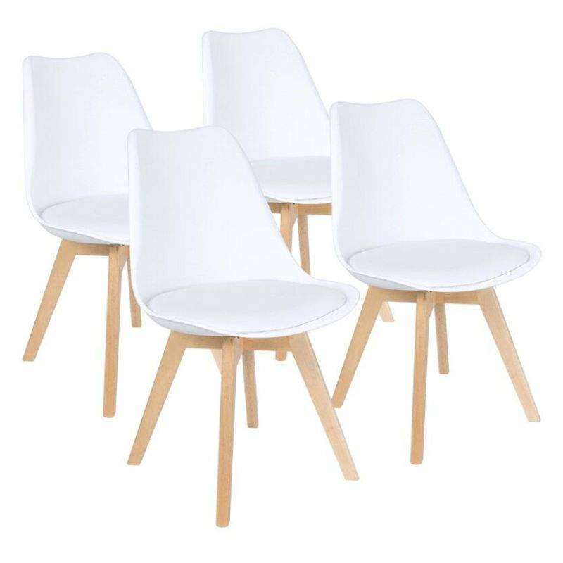 Padded Seat Wooden Leg Dining Chairs - Pack of Four - White Colour