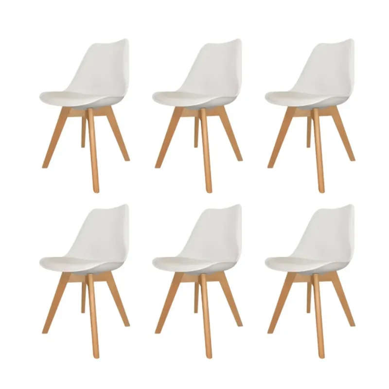 Padded Seat Wooden Leg Dining Chairs - Pack of Six - White Colour