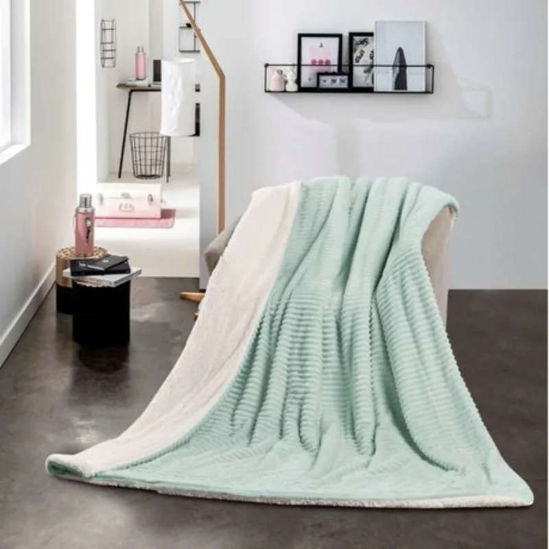 Sastro - New Reversible Throw Striped Flannel Sherpa Fleece Blanket