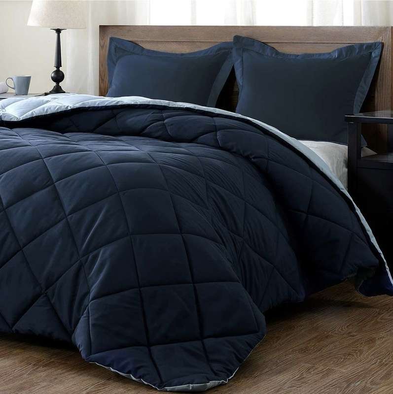 SMTE Acesa Premium Reversible 5 Piece Comforter Set Black/Grey - Navy/Blue with keychain