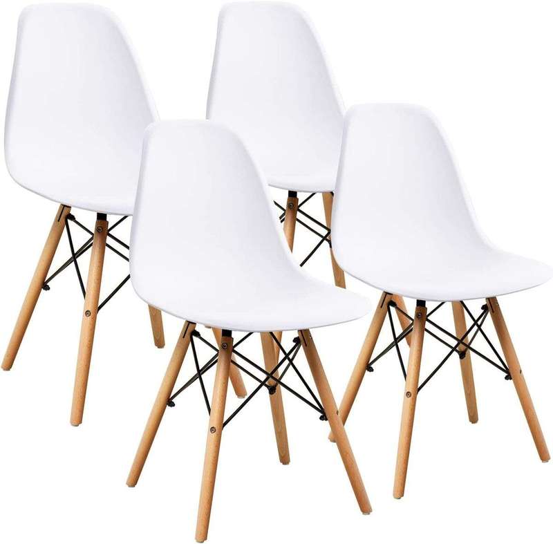 SMTE Modern Style Dining Chair Shell Plastic Chair with wooden legs - Set of 4 - White with keychain