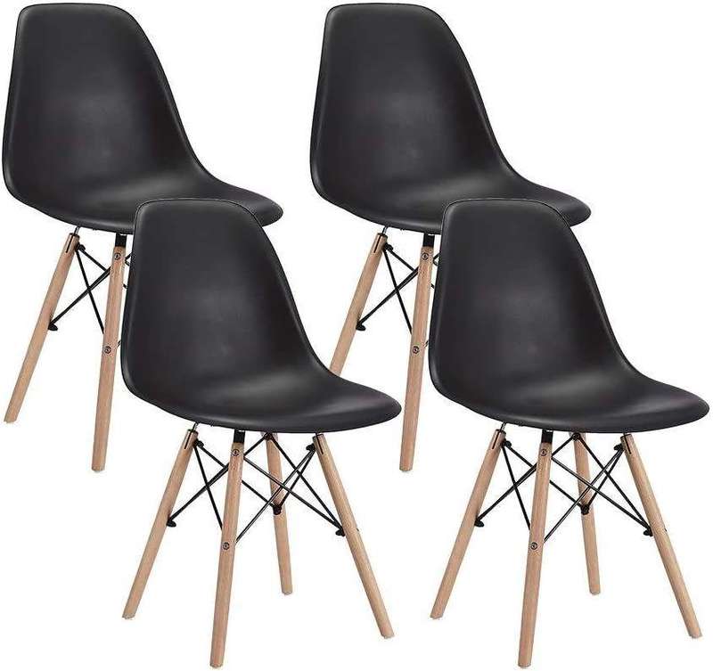 SMTE Modern Style Dining Chair Shell Plastic Chair with wooden legs - Set of 4 - Black with keychain