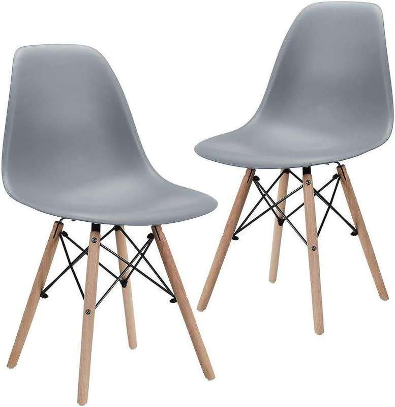 SMTE Modern Style Dining Chair Shell Plastic Chair with Wooden Legs - Set of 2 - Grey with keychain