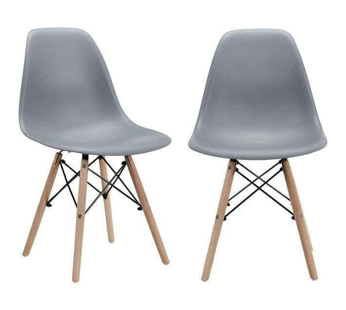 SMTE Grey Modern Style Dining Chair Shell Plastic Chair with Wooden Legs Pack of 2 with keychain