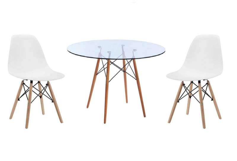 SMTE Glass Table and Wooden Leg Chairs (3 piece set) - White with keychain