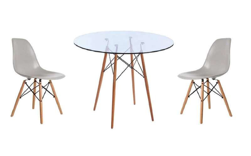 SMTE Glass Table and Wooden Leg Chairs (3 piece set) - Grey with keychain