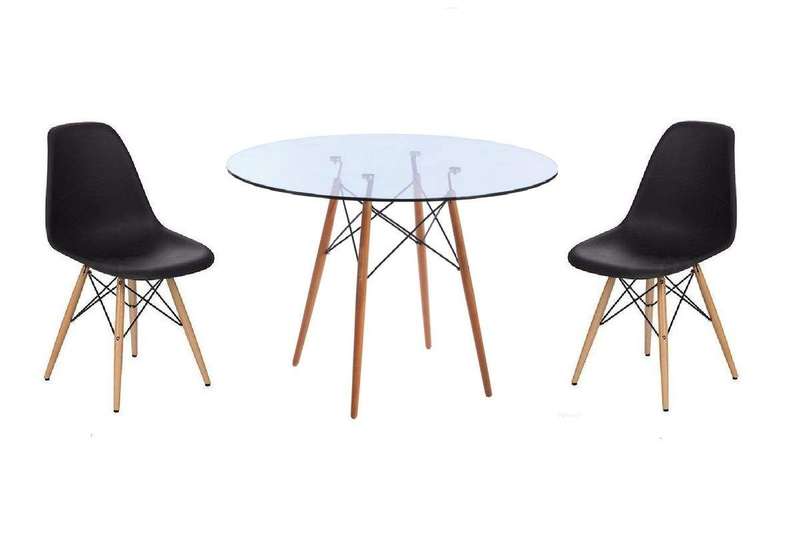 SMTE Glass Table and Wooden Leg Chairs (3 piece set) - Black with keychain
