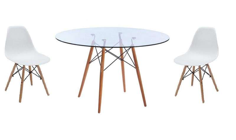 SMTE Glass Table and White Wooden Leg Chairs - 3 Piece with keychain