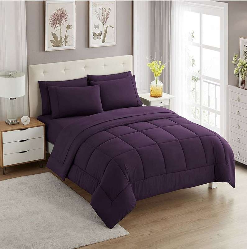 SMTE 5-piece Plain Comforter set Purple Queen with keychain