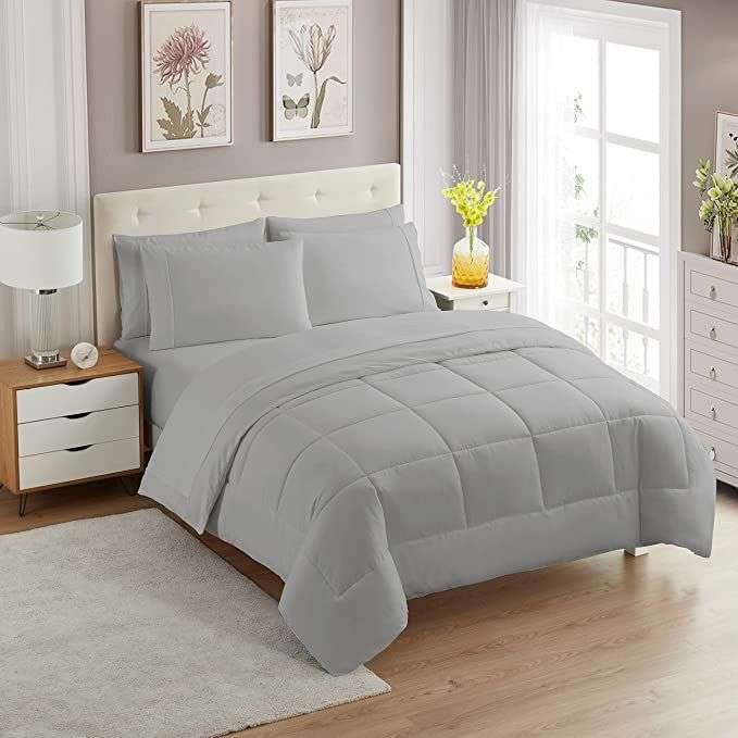 SMTE 5-piece Plain Comforter Set Light Grey Queen with keychain
