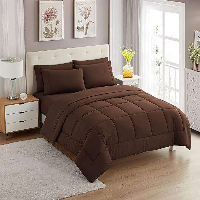 SMTE 5-piece Plain Comforter Set Brown Queen with keychain