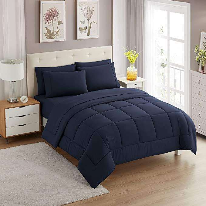 SMTE 5-piece Plain Comforter Set Blue Queen with keychain