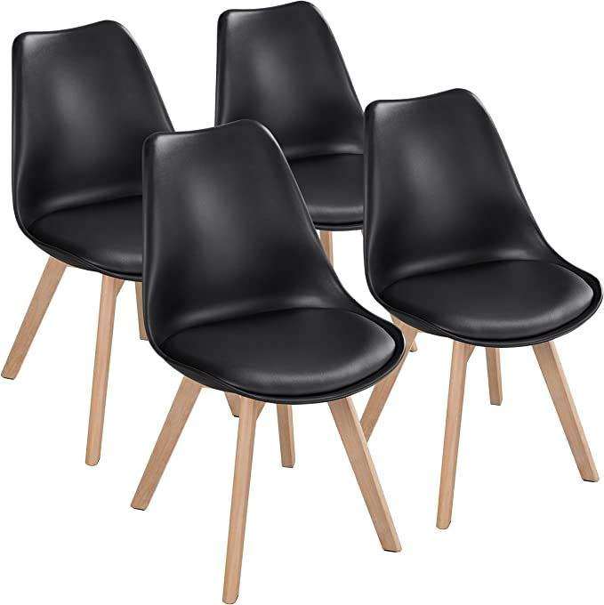 SMTE Dining Chairs with Cushion Seat, Wooden Legs (White) - Set of 4 - Black with keychain