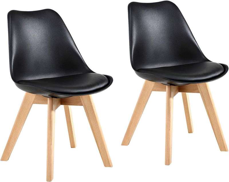 SMTE Dining Chairs with Cushion Seat, Wooden Legs (White) - Set of 2 - Black with keychain