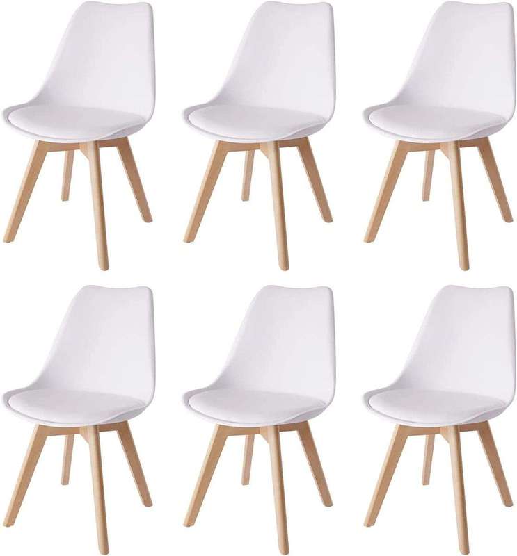 SMTE Dining Chairs with Cushion Seat, Wooden Legs - Set of 6 - White with keychain