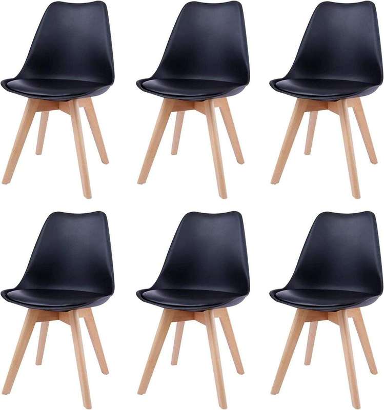 SMTE Dining Chairs with Cushion Seat, Wooden Legs - Set of 6 - Black with keychain