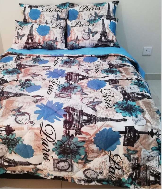 SMTE 5 Piece Quilted Comforter Turquoise/Blue Paris - Double with keychain