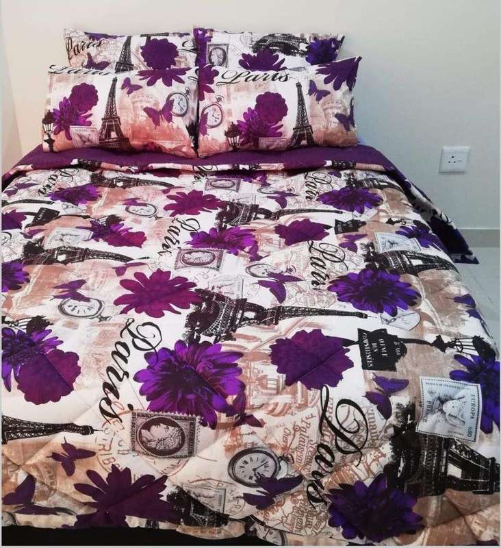 SMTE 5 Piece Quilted Comforter Set Purple Paris - Double with keychain