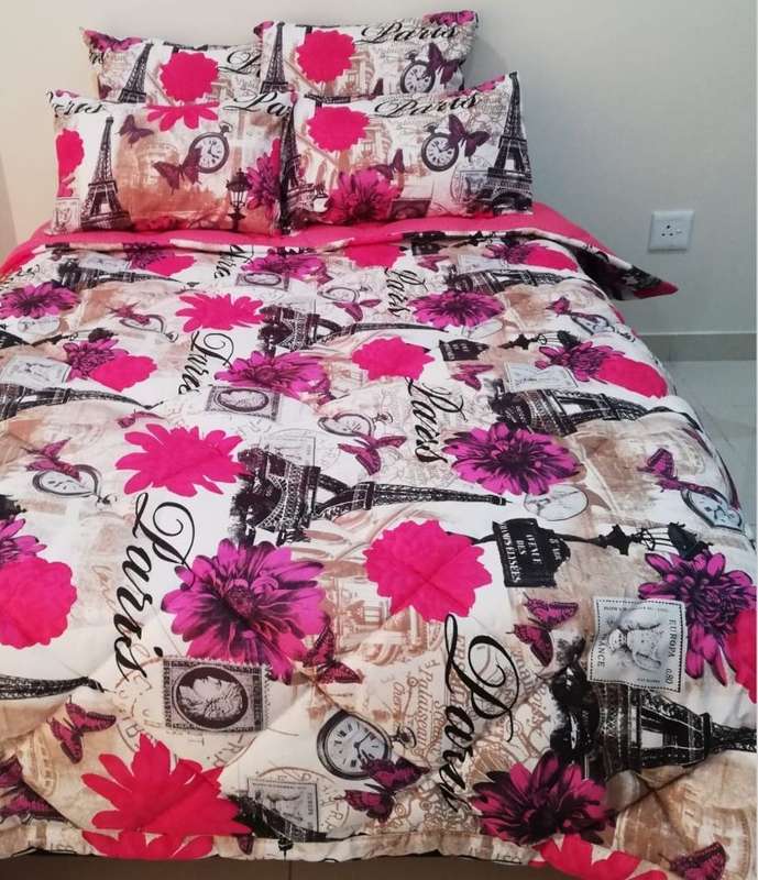 SMTE 5 Piece Quilted Comforter Pink Paris Set - Double with keychain