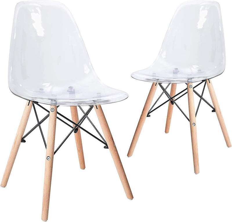 SMTE Acrylic Plastic Molded Dining Side Chair with Wood Legs - Set of 2 with keychain