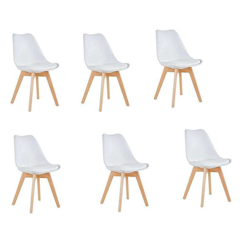 SMTE A Pack of 6 Cushioned Dining Wooden Legs Chairs - White with keychain