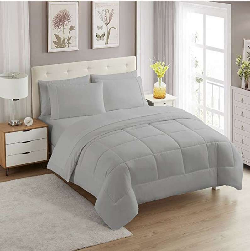 SMTE 5 Piece Luxury Breathable Comforters Set - Queen - Light Grey with keychain