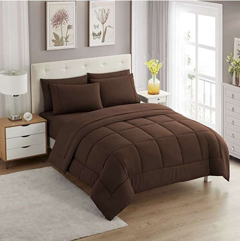 SMTE 5 Piece Luxury Breathable Comforters Set - Queen - Dark Brown with keychain
