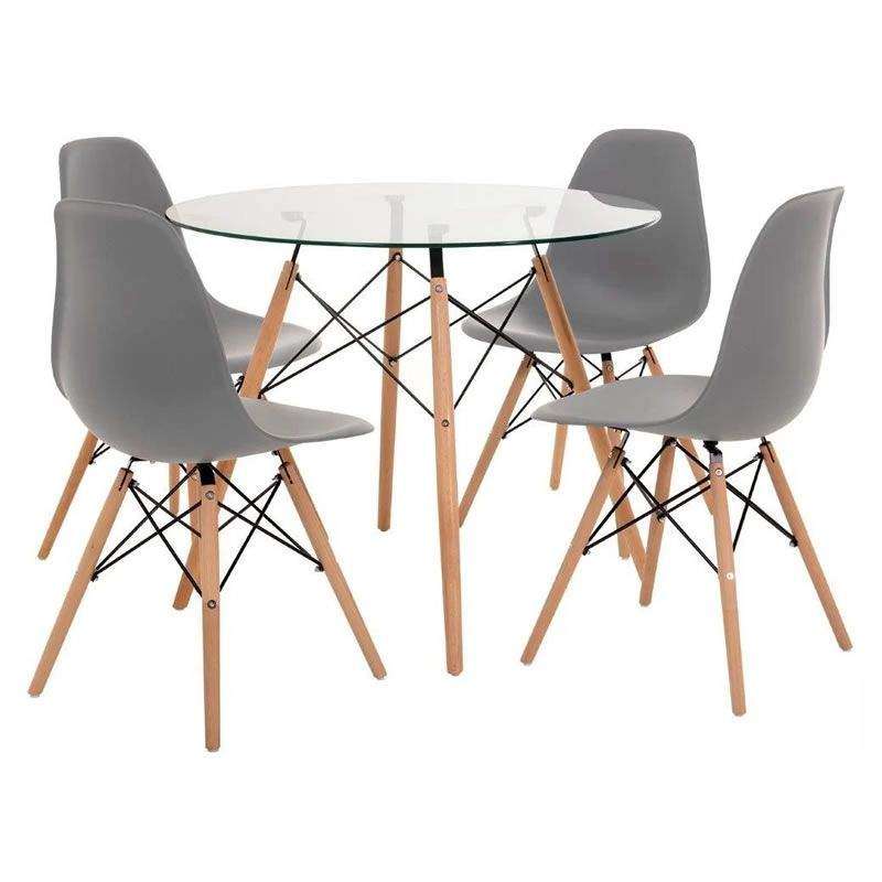 SMTE 5 Piece Glass Table and Grey Wooden Leg Chairs with keychain