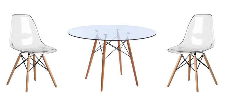 SMTE 3 Piece Glass Table and Clear Wooden Leg Chairs with keychain