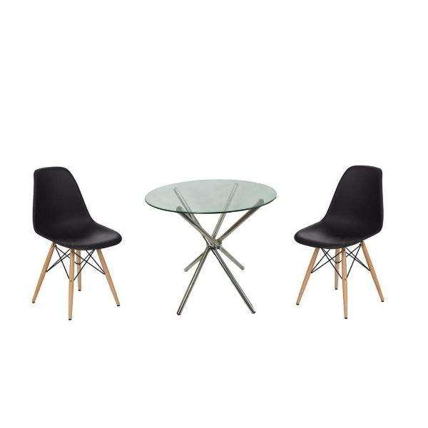 SMTE 3 Piece 80cm Glass Table and Wooden Leg Chairs with keychain