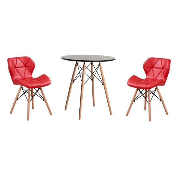 SMTE Wooden Round Dining Table with 2 Soft Padded PU Leather Chairs - Red with keychain