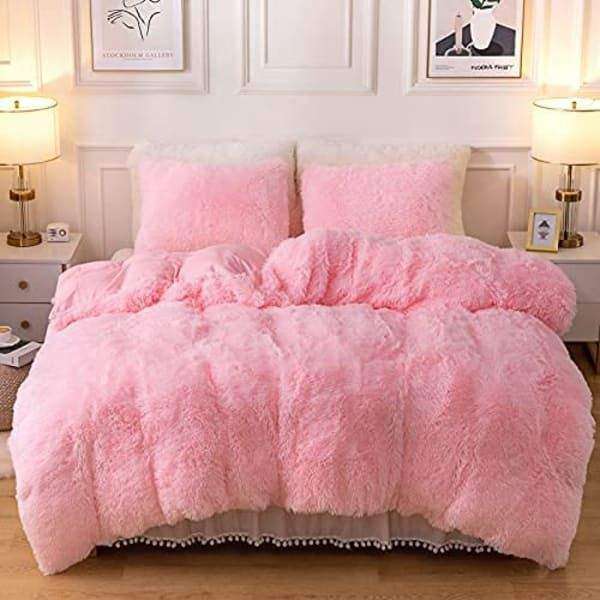SMTE 3 Piece Fluffy Comforter-Pink with keychain