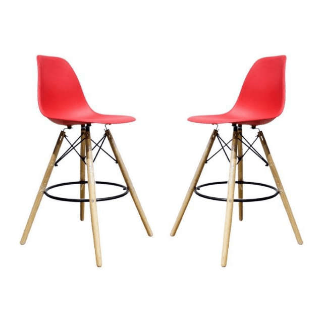 SMTE Wooden Leg Bar Chair- Pack Of 2- Red with keychain