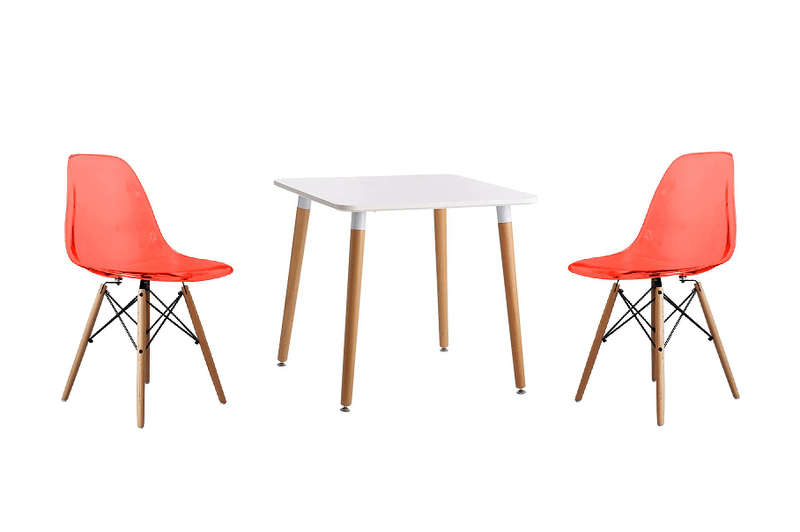 SMTE Transparent Color Wooden Leg Chair and Square Table Set - Red with keychain