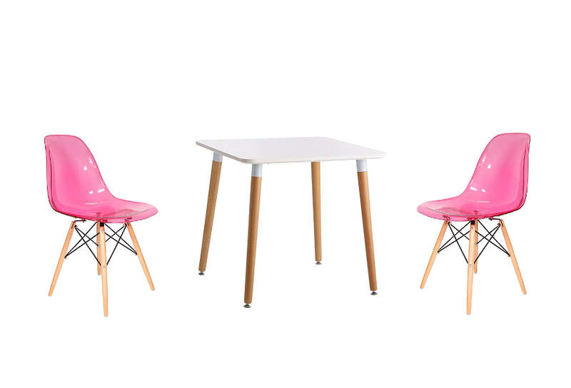 SMTE Transparent Color Wooden Leg Chair and Square Table Set - Pink with keychain