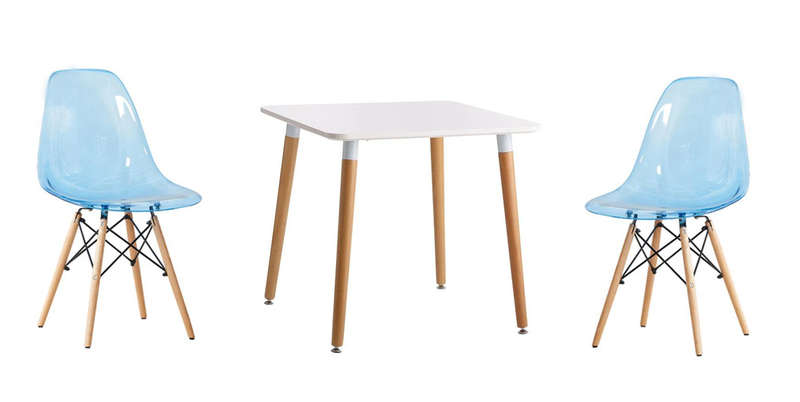 SMTE Transparent Color Wooden Leg Chair and Square Table Set - Blue with keychain