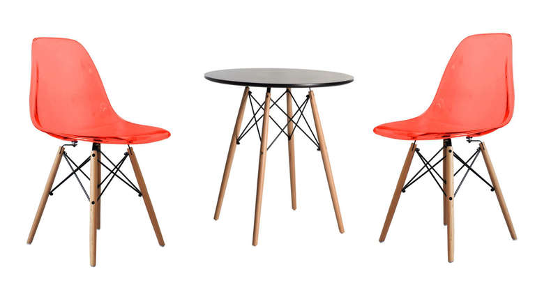 SMTE Dining Table with Wooden Leg Transparent Color Chair Set - Red with keychain