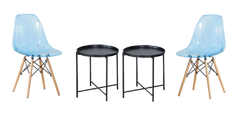 SMTE Transparent Color Dining Wooden Leg Chairs and Metal Single Tier Table Set - Blue with keychain